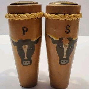 Fred Roberts Bongo Drum Vintage Salt & Pepper Shakers Steer Design W Rope Handle